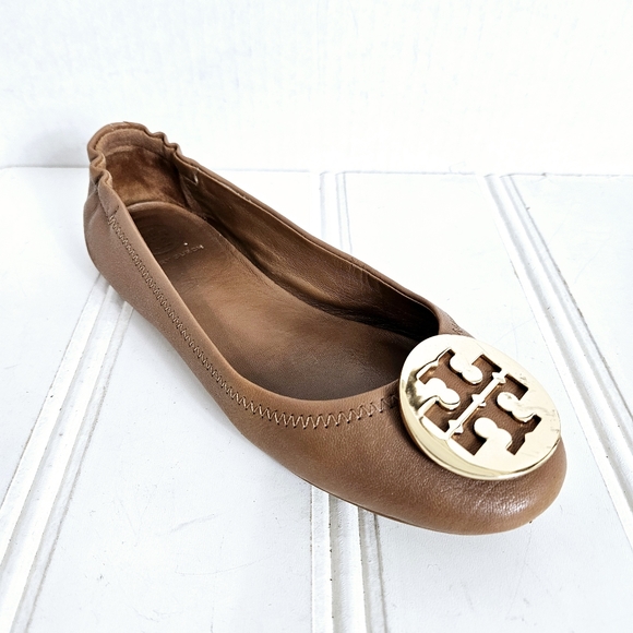 Tory Burch Shoes - Tory Burch Minnie Travel Brown Leather Ballet Flat Shoes Gold Logo #32880 Sz 5.5